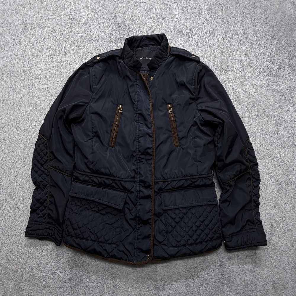 Zara Basic Jacket Womens Large‎ Black Quilted Puffer Moto Zip Front Polyester